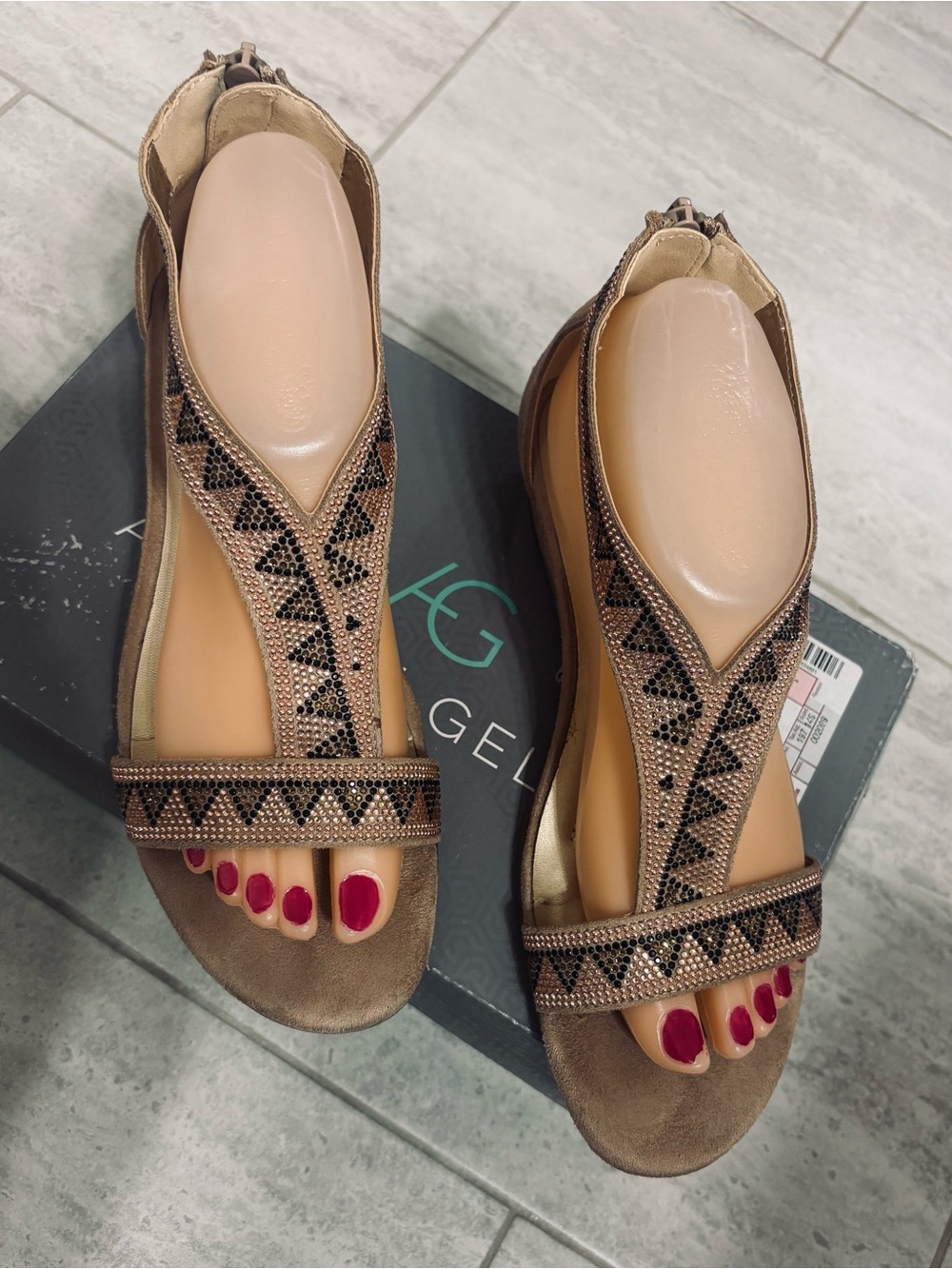 Andrew Geller Brown Beaded T-Strap Wedge Sandals